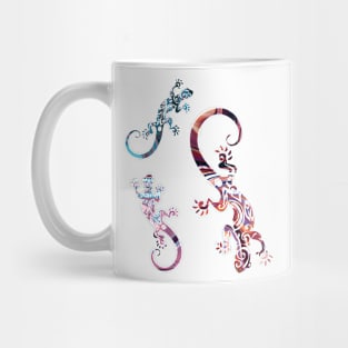 Three Ornate Geckos Colorful Lizard Illustration Mug